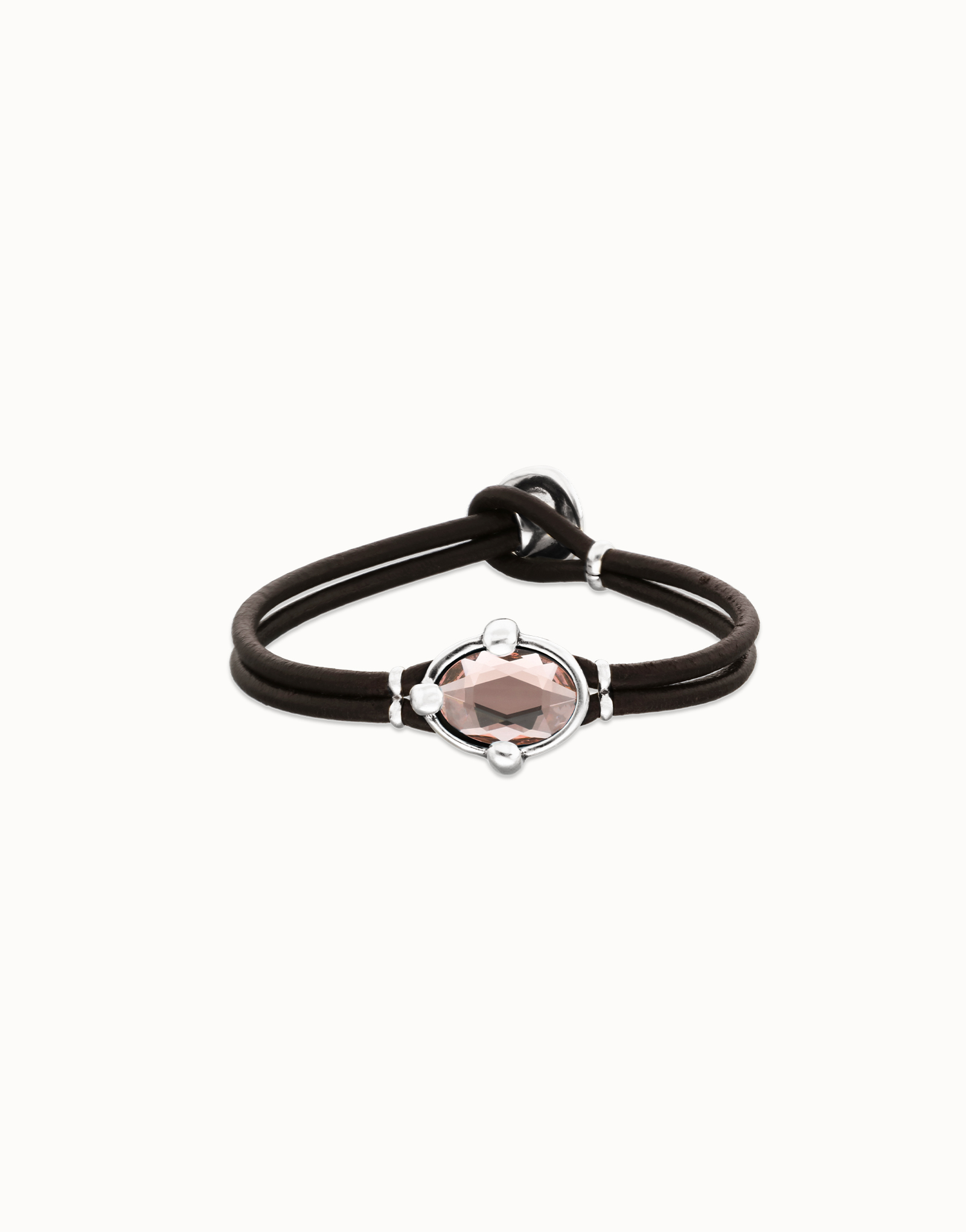 Leather bracelet with pink oval faceted crystal, Silver, large thumbnail